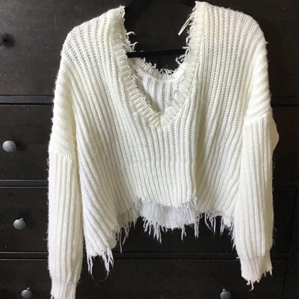 White Distressed Skylar+Madison Sweater